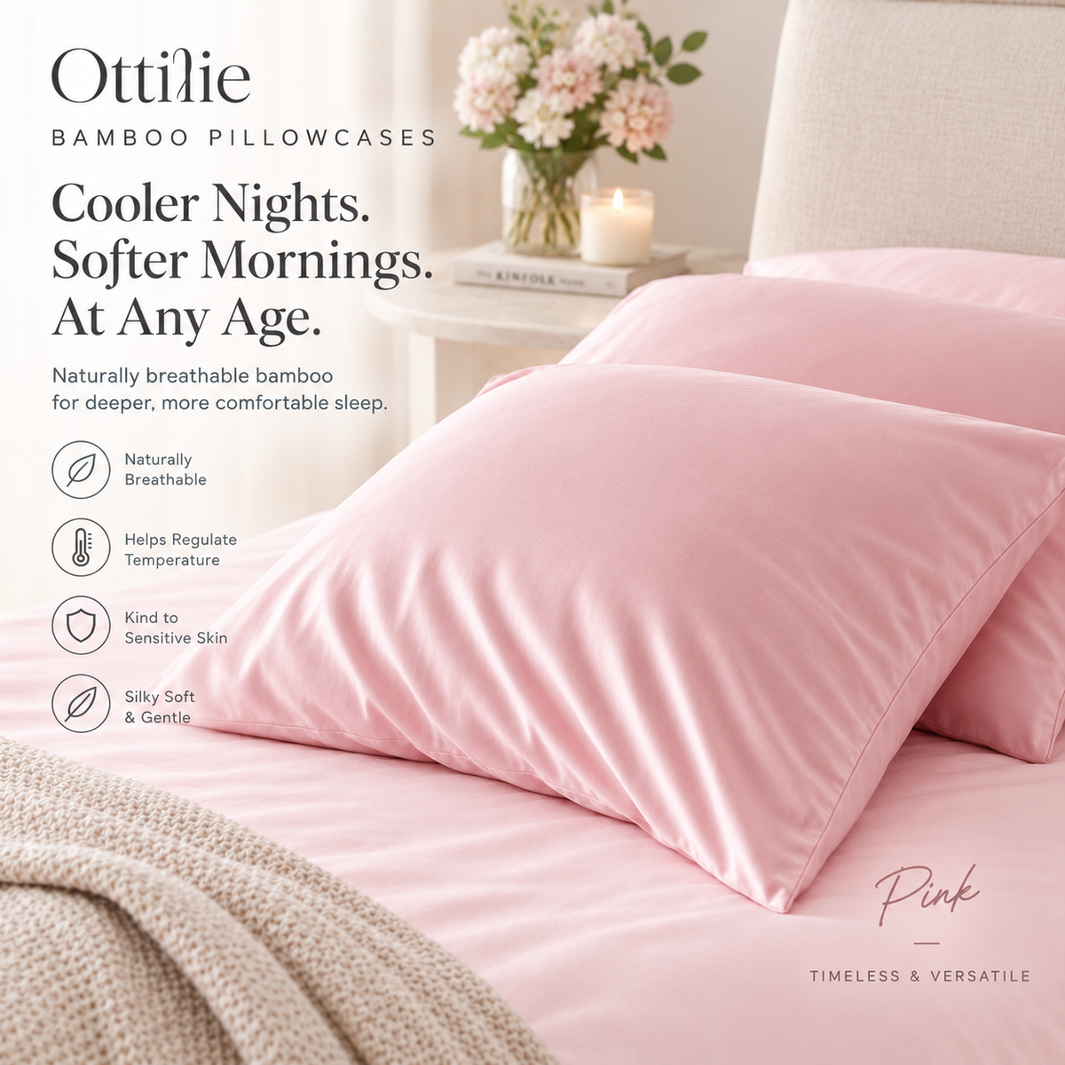Breathable bamboo pillowcase in pink