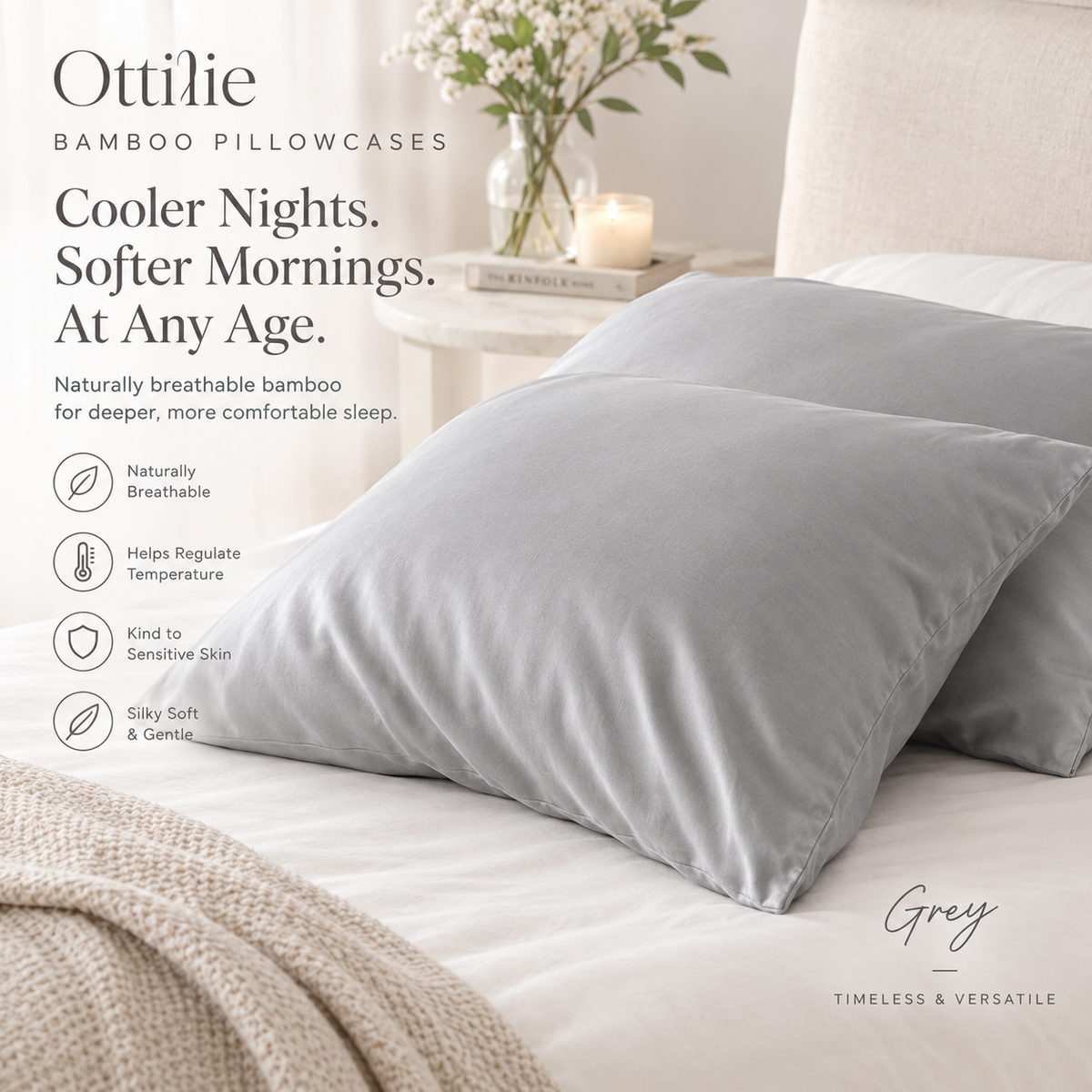 Breathable bamboo pillowcase in grey