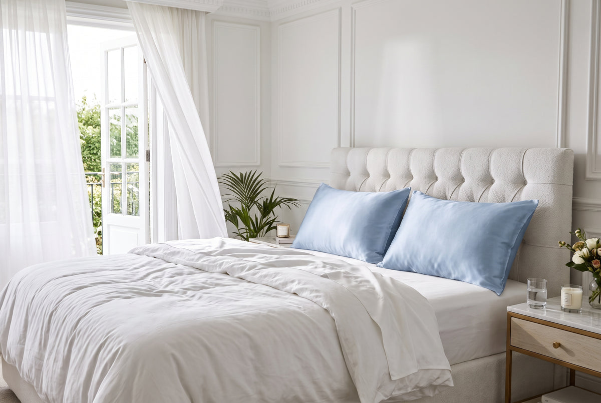 Pure mulberry silk pillowcase in soft blue