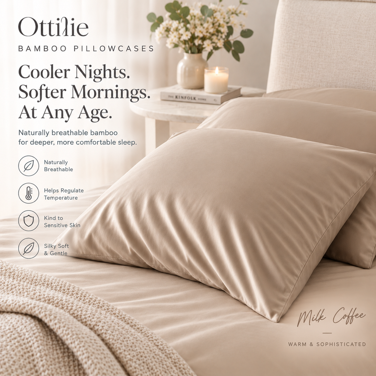 Breathable bamboo pillowcase in latte